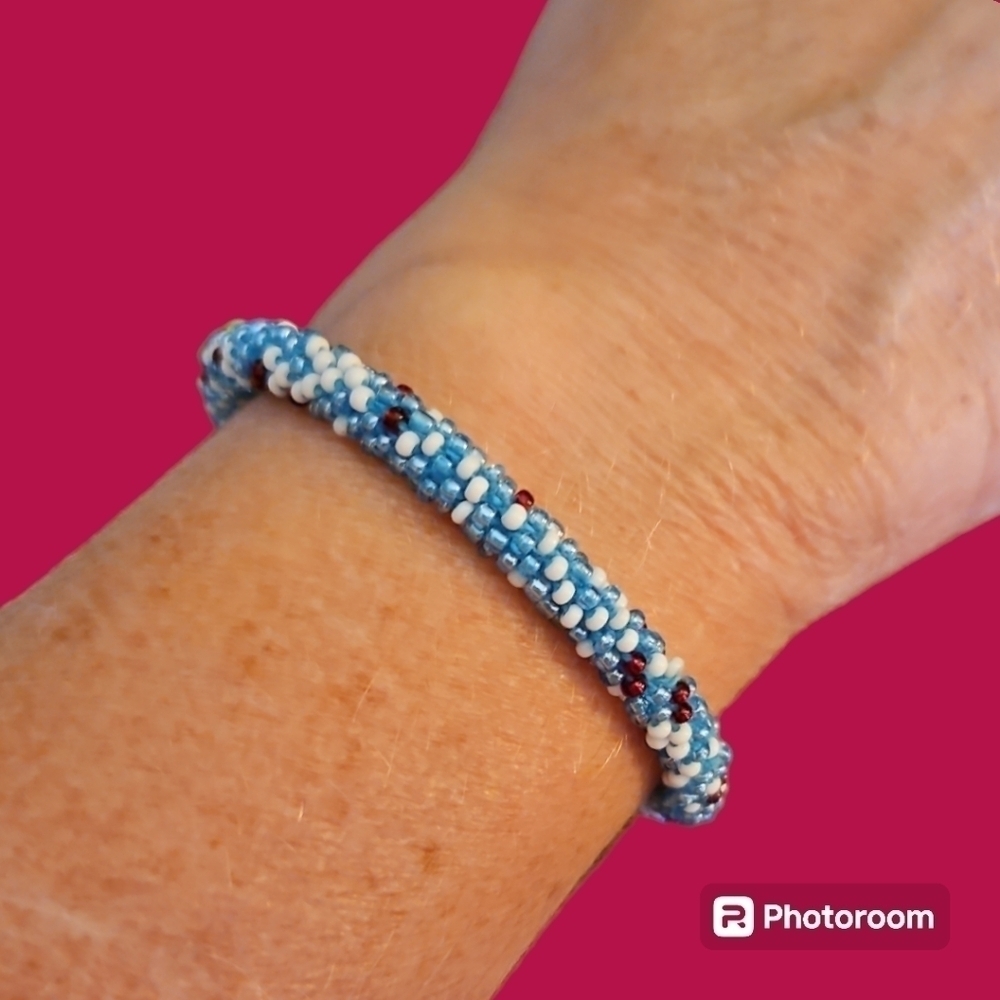 3/$30 Blue Beaded Tubular Roll On Bracelet
